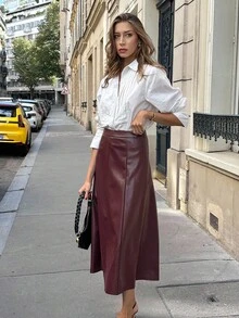 Pariaura Women's Burgundy Pu Leather Zipper And A-Line Halloween Costume Party Elegant Skirt For Party Wedding Guest Skirt For Women Going Out Winter For Women Elegant Party Autumn Winter Christmas Skirt Fall For Women Chic Classy For Women Skirt - Burgundy - View 8