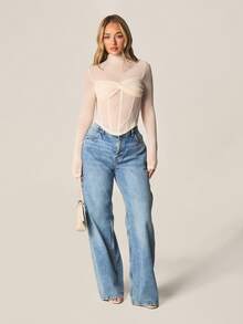 MISSGUIDED Áo lưới dài tay cổ cao kiểu corset với chi tiết ngực và dây buộc phía trước, thích hợp để phối đồ mùa thu đông. - Màu be - Xem 3