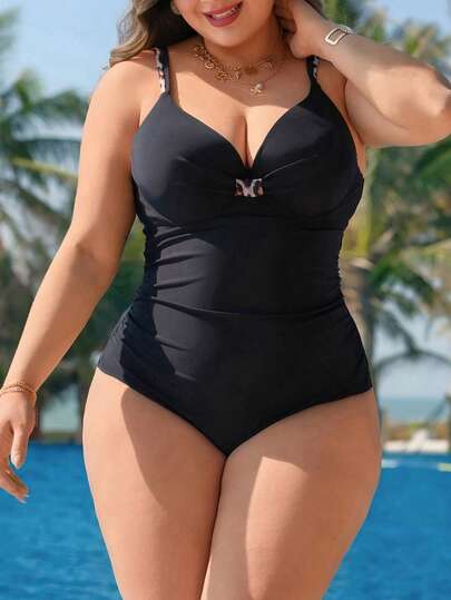 Swim Lushoire Plus Size Women One-Piece Swimsuit, Vacation Beach Wear