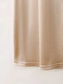 Franclia Women's Elegant Summer Cream Satin Short Dress,Small V-Neck Beaded Pearl Decor,Champagne Silk Knit Fabric,Dining Wedding Guest Party Stylish Dress - Champagne - View 6