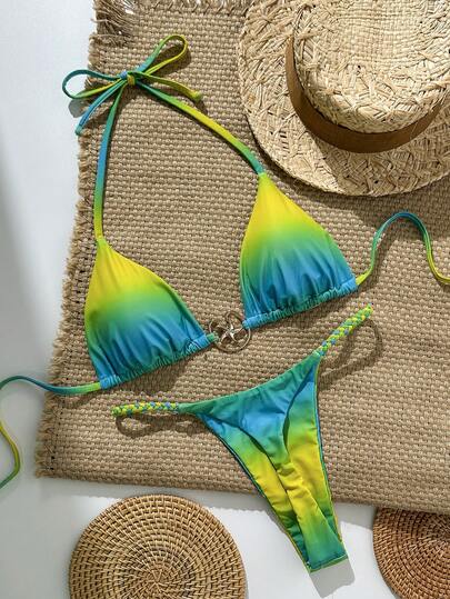 Swim Mod 女士扎染随机印花挂脖金属装饰比基尼套装，春夏款