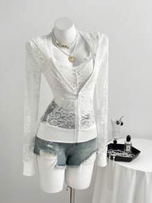 Elamini Women's Casual Versatile Vacation Hooded Sweatshirt, Tight-Fitting Sexy Lace White Sweatshirt, Summer - White - View 3