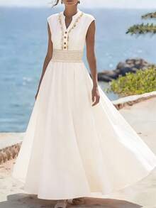 Balvessa Women's Holiday Shell Trim Button Design Waist Contrast Lace Dress - White - View 3