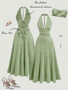 SHEIN MOD 女士纯色露背深V领金属环和水钻蝴蝶结镂空露背优雅性感中长连衣裙 - 淡綠 - 查看 3