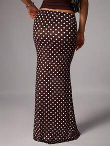 Avenya Knitted Polka Dot Print Fitted Skirt, Fashionable & Versatile For Summer - Mocha Brown - View 4