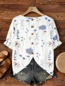 Linhara Áo sơ mi nữ cỡ lớn cổ tròn tay phồng cài nút trang trí in hoa mới - Nhiều màu - Xem 2