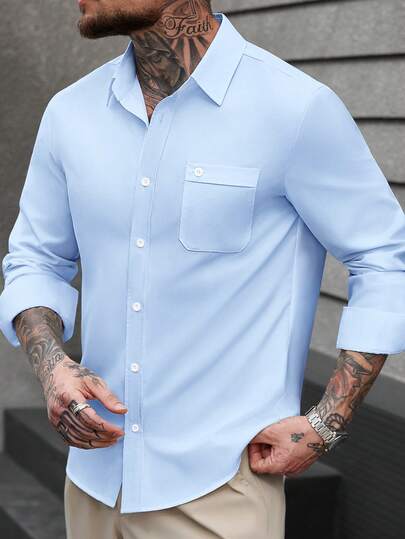 Manfinity CasualCool Men's Solid Color Wrinkle-Resistant Single Pocket Casual Business Long Sleeve Shirt, Autumn,2026 Summer Men's Light Blue Casual Shirt, Casual Shirt With Pocket For Office & Weekend