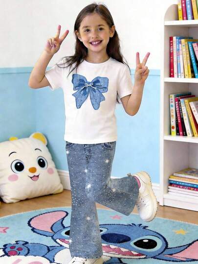 Tween flickors casual kortärmade topp och byxor 2-delat set, lämplig för sommaren vår/sommar casualkläder perfekt för utflykter, streetstyle och hiphop-vibbar, enkelt bekvämt mode flickfritidskläder, nya produkter, skolstartssäsongen, unikt perspektiv, modernt mode