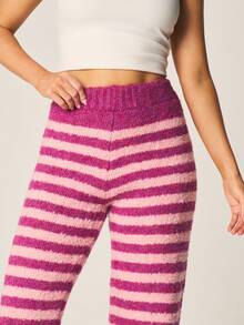 MISSGUIDED Women's Fuzzy Striped Straight Leg Sweater Pants High Waisted Cozy Knit Loungewear Casual Winter Fall Comfort Trousers - Multicolor - View 4