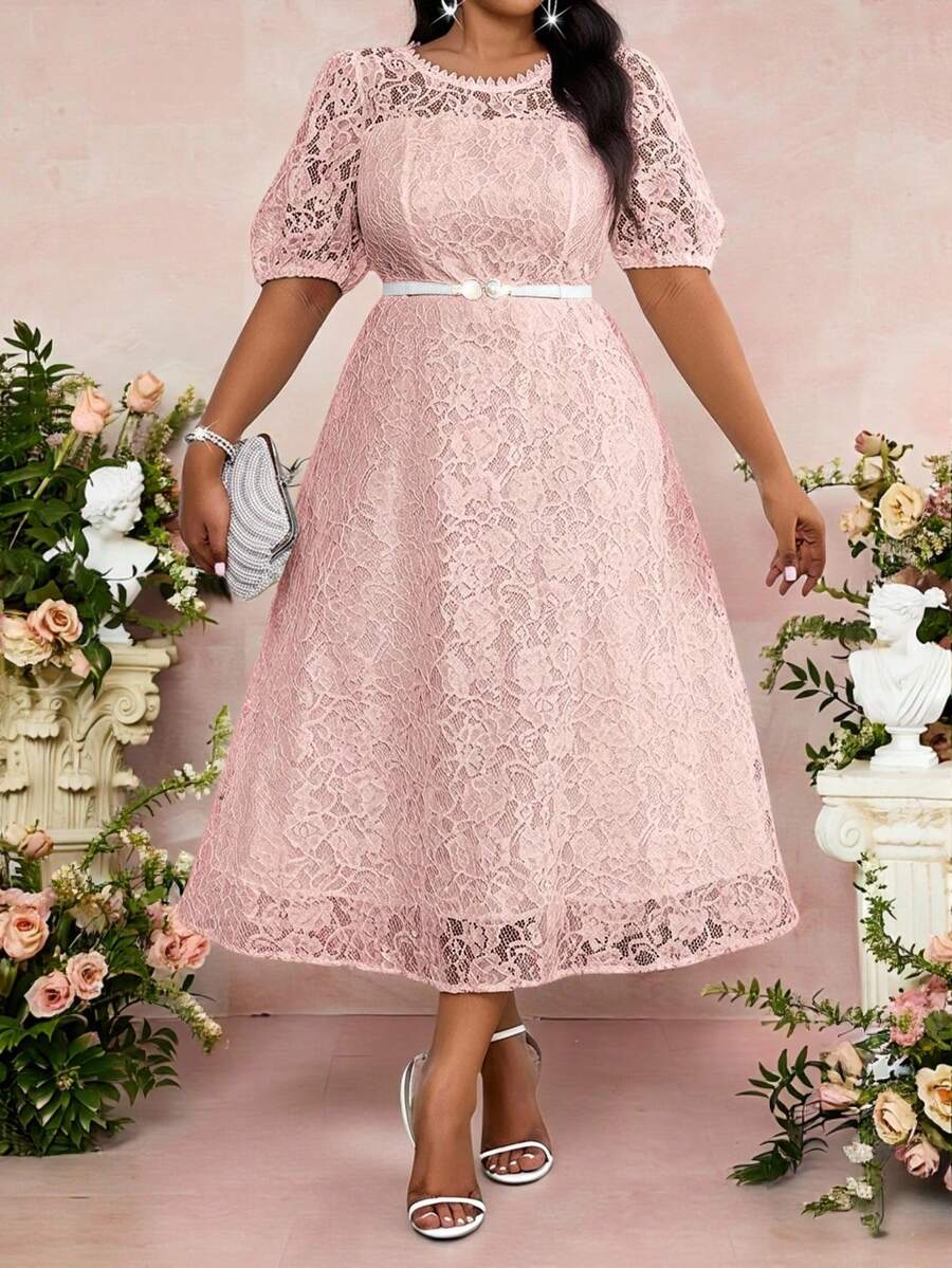 Fleurora Đầm thanh lịch mùa xuân và hè, thích hợp cho công sở, tiệc tùng, tiệc Valentine, tiệc cocktail, hòa nhạc/lễ hội âm nhạc, đầm dệt kim ren trắng cổ tròn tay phồng xòe, tay ngắn, cỡ lớn. - Bụi hồng - Xem 1