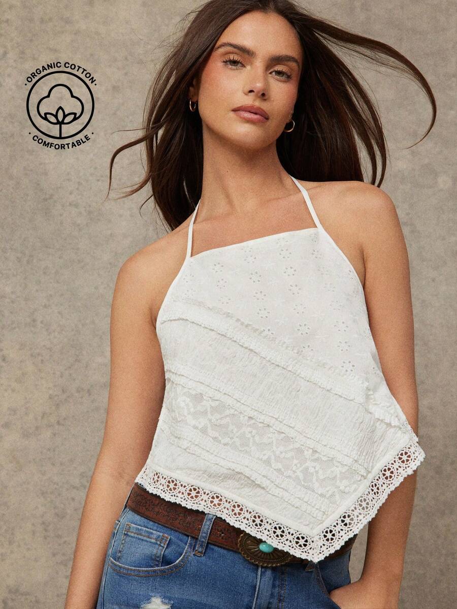 WESTFADE Women's Hanky Hem Halter Lace Eyelet Top - White - View 1
