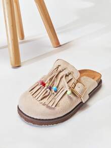 Mini mi Girl's Tassel & Bead Decor Soft-Footbed Suede Sand Clog Mules–Cute, Cozy & Comfortable Lightweight EVA Outsole - Beige - View 7
