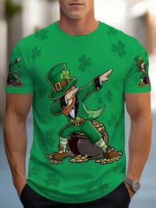 Manfinity Homme Men's St. Patrick's Day Romantic & Fun Pattern T-Shirt, Couple T-Shirt, Green Four-Leaf Clover, Suitable For Party, Unisex - Multicolor - View 6