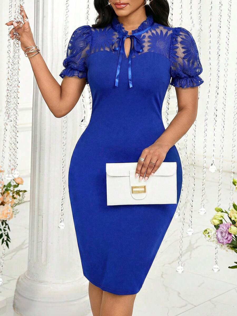 SHEIN Lady 女士优雅撞色蕾丝扭领泡泡袖夏季连衣裙 - 寶藍色 - 查看 1