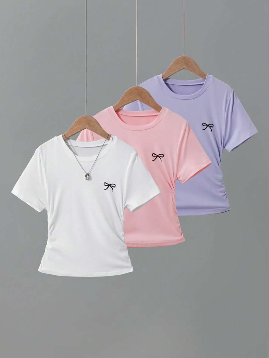 Sparklyn 3件装女童蝴蝶结印花腰部短袖T恤,灰色、粉色和黑色 - 紫色 - 查看 1