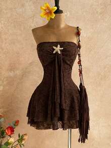 Sweetra 女士复古性感修身蕾丝提花休闲舒适优雅高端户外棕色连衣裙，春季 - 棕色 - 查看 1