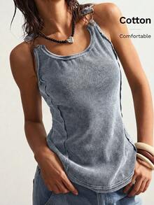 Bohemela Áo tank top nữ dệt kim màu trơn, phong cách boho, không tay, kiểu dáng thường ngày, đã qua xử lý giặt, dành cho kỳ nghỉ. - Màu xám đen - Xem 1