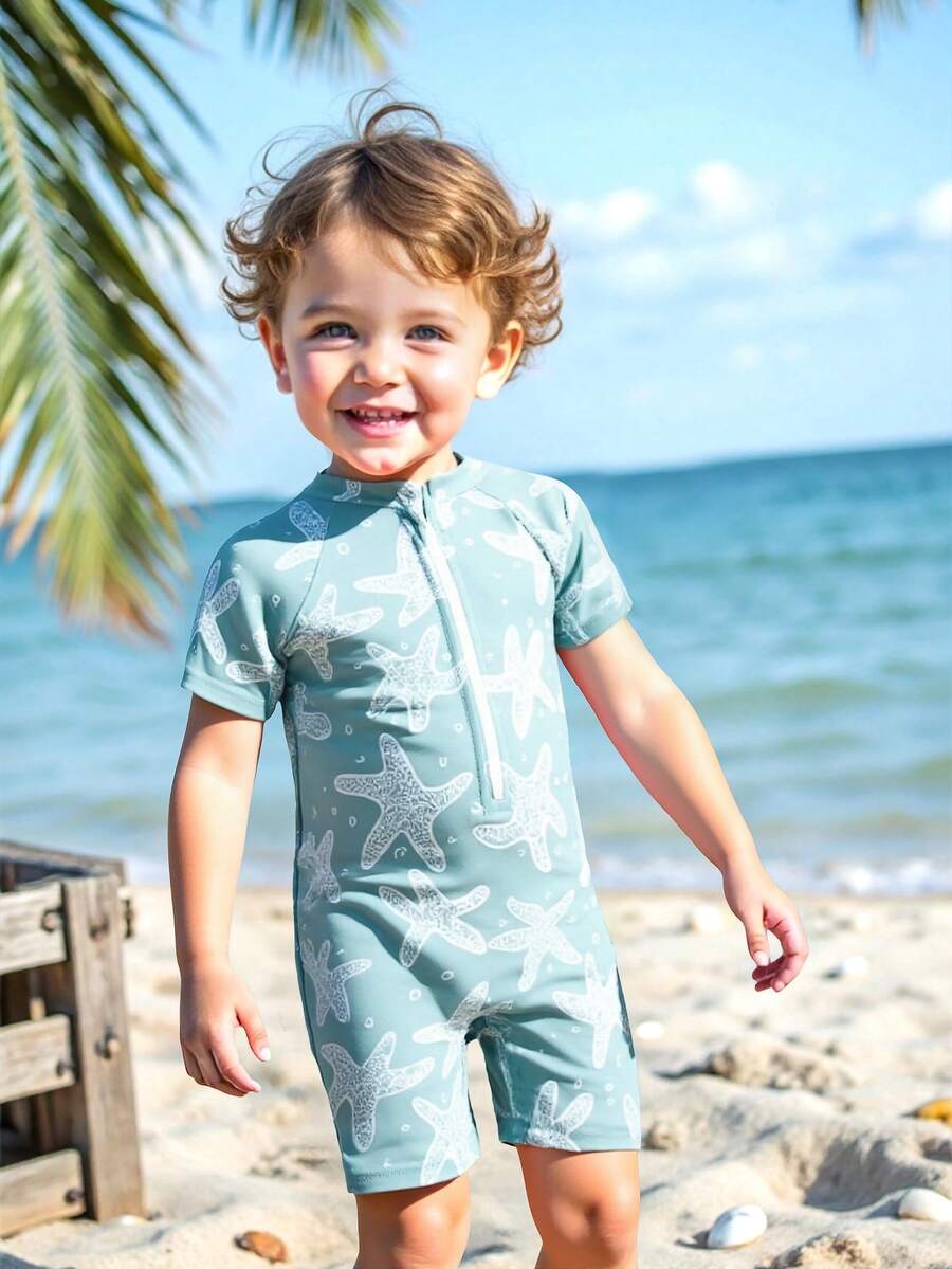 SHEIN Đồ bơi liền thân tay ngắn họa tiết rùa biển hoạt hình cho bé trai, thích hợp đi biển, hồ bơi, kỳ nghỉ hè - Màu xanh bạc hà - Xem 1