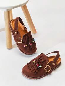 Mini mi #SweetPrincess Girl's Tassel & Bead Decor Soft-Footbed Suede Coffee Slingback Clog With Lightweight EVA Outsole – Cute, Cozy & Comfortable - Brown - View 6