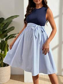 GentleRue Maternity Đầm bầu không tay kẻ sọc thắt nơ - Màu xanh lam - Xem 1