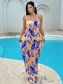 Sunnyshic Plus Size Contrast Color Print Criss-Cross Strap Dress - Coral Orange - View 3