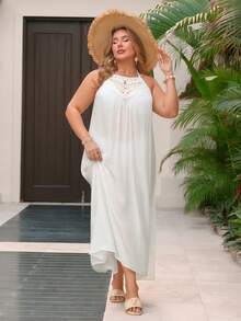 Swim Lushoire Vestido de playa informal semitransparente para vacaciones, talla grande para mujer - Blanco - Ver 6