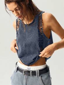 Bohemela Solid Color Knit Cropped Washed Women Tank Top,Summer Top - Navy Blue - View 7