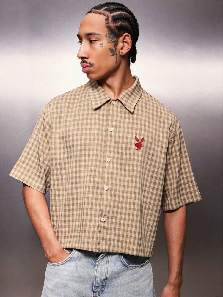 PLAYBOY X SUMWON Cropped Checkered Button Down Shirt