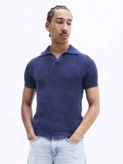 SUMWON Men's Navy Ribbed Knit Polo Shirt Short Sleeve Slim Fit Collared Top Summer Casual Wear Solid Color Classic Style