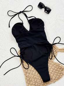 Swim SXY Áo tắm một mảnh hở lưng gợi cảm màu nâu sẫm bóng bẩy, dây rút, trang trí vòng rỗng, dành cho nữ. - màu đen - Xem 2