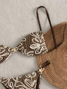 Swim Vcay 2026新款女士夏季沙滩度假吊带露背金属海星装饰特殊纹理面料性感高衩泳装套装 - 咖啡棕 - 查看 5