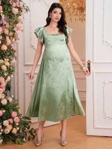 Momance D 孕妇连衣裙，方领，荷叶袖，绿色纹理面料，春夏款 - 綠色 - 查看 4