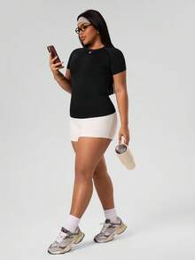 Rhythm Era Plus Size Sport Casual Solid Color Seamless Short Sleeve Sport T-Shirt Compression Shirt Fitted Shirt Gym Women Shirts Work Out Plus Size Workout Top Plus Size Active Top Weight Loss Plus Size Sports Top Workout Tops Curve Plus Size Gym Top Plus Size Workout Tops - Black - View 4
