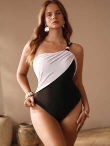 Swim Chiccia Plus Size Women's Black & White Patchwork One-Piece Backless Tie-Front Swimsuit,Classy Holiday Vacation Summer Beach Shapewear Bathing Suit - Black and White - View 4