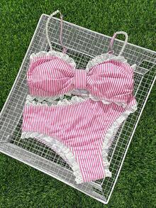 Swim Mod Set Bikini Pantai Musim Panas Baru dengan Hiasan Renda, Manis dan Lucu, Bergaris Merah Muda dan Putih dengan Trim Rumbai - Berwarna merah muda - View 3