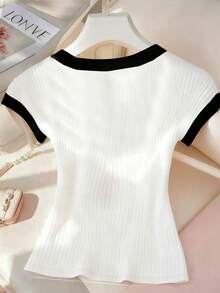 Resyla Women's Casual Contrast Trim Bow Embroidery Ribbed Knit Short Sleeve T-Shirt, Summer - Black and White - View 2