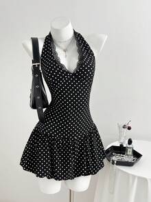 Elamini 女士波点撞色蕾丝收腰深V领连衣裙 - 黑色 - 查看 7