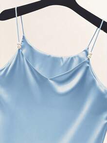 GlowEve Elegant Commuter Chic French Style V-Neck Satin Camisole Top With Pearl Decor For Women - Blue - View 4