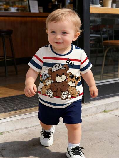 Baby Boy Casual Minimalist Cute Bear Colorblock Striped Print Comfortable Knit Crew Neck Short Sleeve T-Shirt And Solid Knit Shorts Set, Suitable For Spring/Summer, Loungewear, Outdoor, School Wear