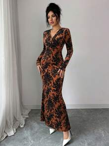 Rafferiza Đầm midi dài tay ôm dáng cổ xếp ly bằng nhung họa tiết chấm bi dành cho nữ, thích hợp cho mùa đông. - Nhiều màu - Xem 3