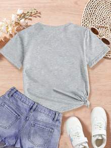 SHEIN 女童休闲时尚舒适简约百搭创意仿亮片蝴蝶结图案短袖T恤，适合女孩夏季及所有季节穿着。 - 灰色 - 查看 2