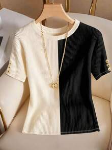 Franclia Women's Casual Ribbed Knit Short Sleeve Button Decor T-Shirt, Suitable For Daily Commute In Summer - Multicolor - View 3