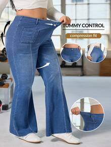 SHEIN FlexDen Quần jean ống loe co giãn dáng rộng dành cho nữ cỡ lớn - Rửa trung bình - Xem 1