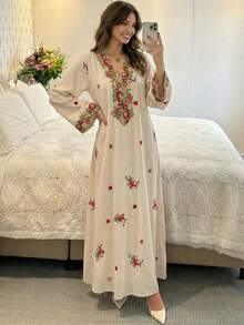 Yasmyna Women's Spring/Summer Woven Textured Printed Long Sleeve Embroidered Collar Elegant Arabic Dress - Multicolor - View 8
