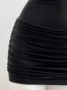 Elamini Y2K Metallic Decor Elastic Ruched Bodycon Mini Dress - Black - View 3