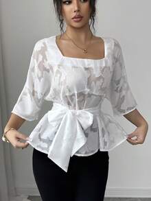 SHEIN Clasi Women's Elegant Cutout Mesh Loose Waist Square Collar Cinched Waist White Short Sleeve Blouse, Versatile For Daily, Commute, Date - White - View 5