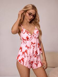 HautHeat Women's Bow Print Camisole And Shorts Pajama Set - Pink - View 4