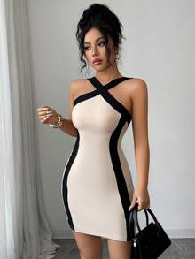 Rafferiza 女士优雅撞色交叉绑带修身迷你连衣裙 - 杏色 - 查看 6