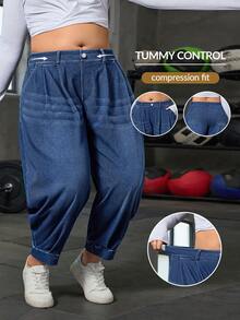 Flexra 大码女式口袋纽扣休闲牛仔哈伦裤，百搭街头风 - 深色水洗藍 - 查看 1