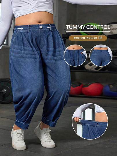 Flexra Plus Size Women Pockets Button Casual Denim Harem Pants, Versatile Street Style